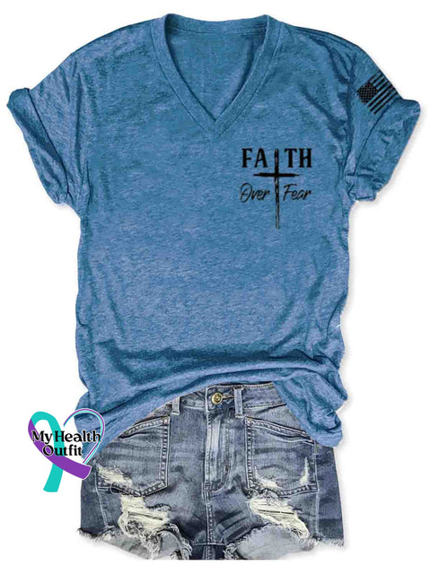 Women’s Faith Over Fear Art V-neck Casual T-Shirt Blue / S