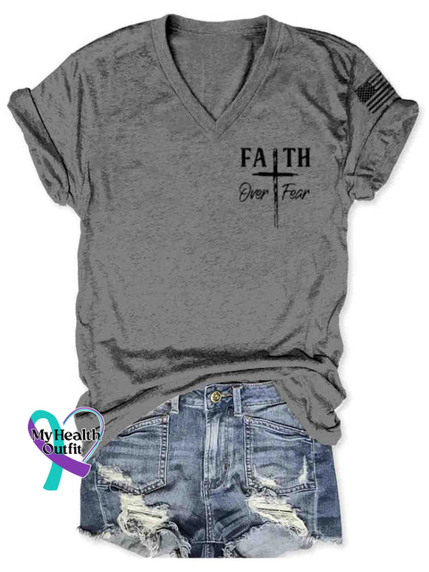 Women’s Faith Over Fear Art V-neck Casual T-Shirt Grey / S
