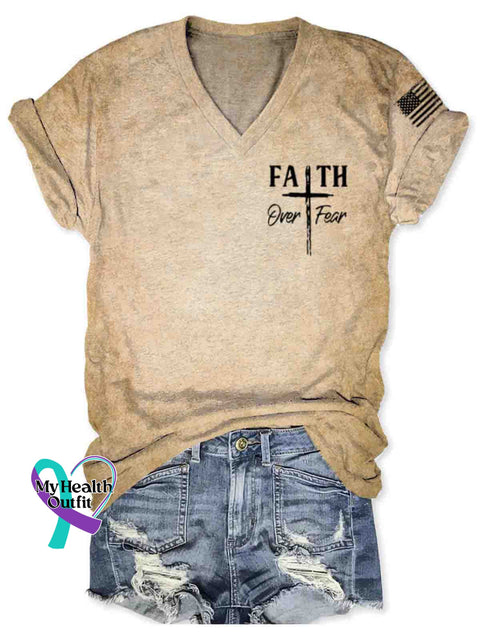 Women’s Faith Over Fear Art V-neck Casual T-Shirt Khaki / S