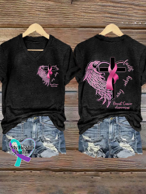 Women’s Faith Peace Love Breast Cancer Print V-Neck T-Shirt Black / S