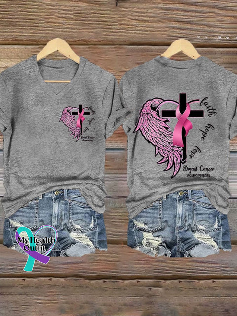 Women’s Faith Peace Love Breast Cancer Print V-Neck T-Shirt Light Grey / S
