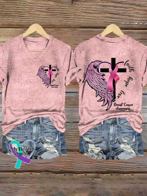 Women’s Faith Peace Love Breast Cancer Print V-Neck T-Shirt Pink / S