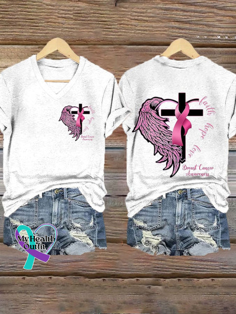 Women’s Faith Peace Love Breast Cancer Print V-Neck T-Shirt White / S