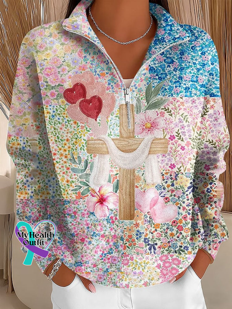 Women’s Faith Print Zip-Up Stand Collar Sweatshirt As shown / S