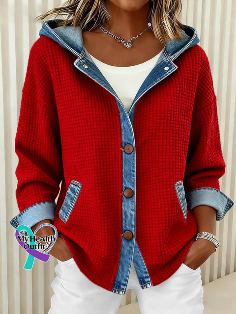 Women’s Fashion Patchwork Design Waffle Hooded Cardigan Red / S