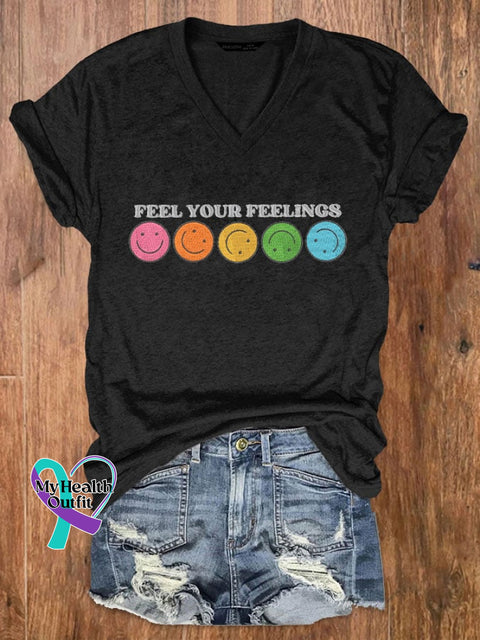 Women’s Feel Your Feelings Printed V-Neck T-Shirt Black / S