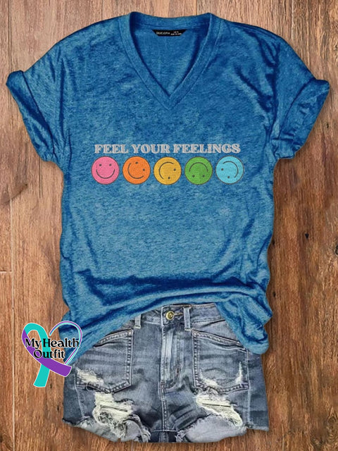 Women’s Feel Your Feelings Printed V-Neck T-Shirt Blue / S