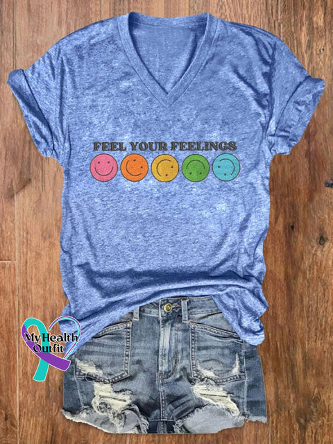 Women’s Feel Your Feelings Printed V-Neck T-Shirt Light Blue / S