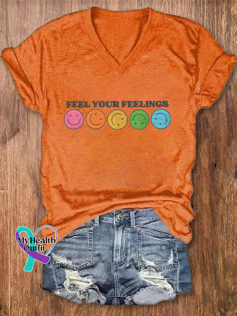 Women’s Feel Your Feelings Printed V-Neck T-Shirt Orange / S