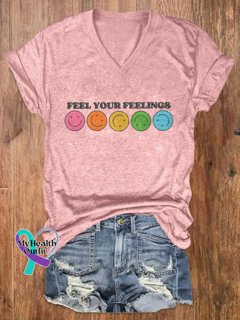 Women’s Feel Your Feelings Printed V-Neck T-Shirt Pink / S