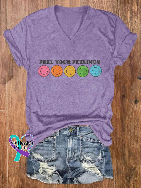 Women’s Feel Your Feelings Printed V-Neck T-Shirt Purple / S