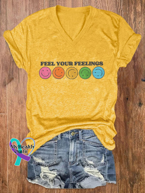 Women’s Feel Your Feelings Printed V-Neck T-Shirt Yellow / S