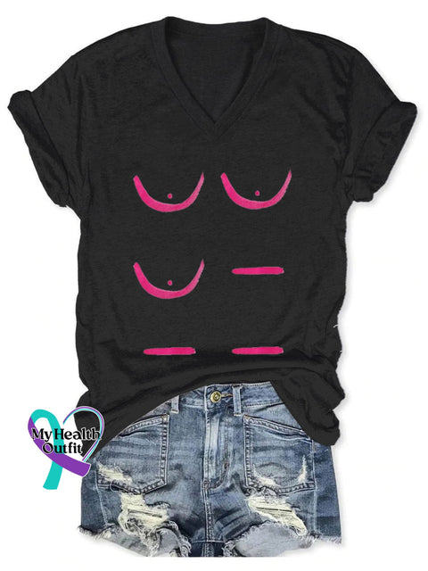 Women’s Fight Cancer Breast Awareness Print V-Neck Casual T-Shirt Black / S