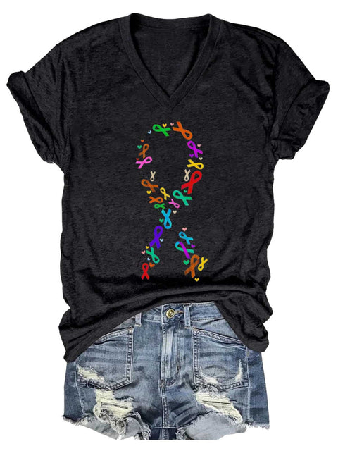 Women’s Fight Cancer Colorful Ribbon V-neck Casual T-Shirt Black / S