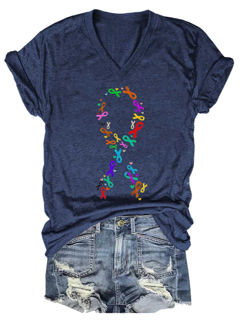 Women’s Fight Cancer Colorful Ribbon V-neck Casual T-Shirt Blue / S