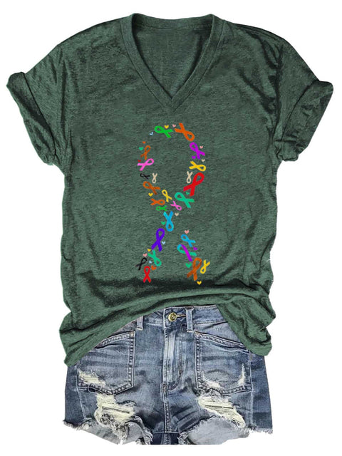 Women’s Fight Cancer Colorful Ribbon V-neck Casual T-Shirt Green / S