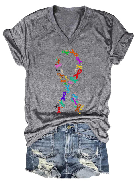 Women’s Fight Cancer Colorful Ribbon V-neck Casual T-Shirt Grey / S