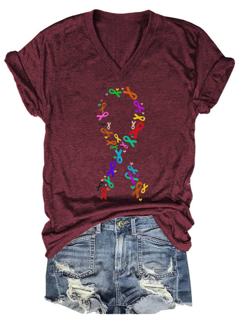 Women’s Fight Cancer Colorful Ribbon V-neck Casual T-Shirt Red / S