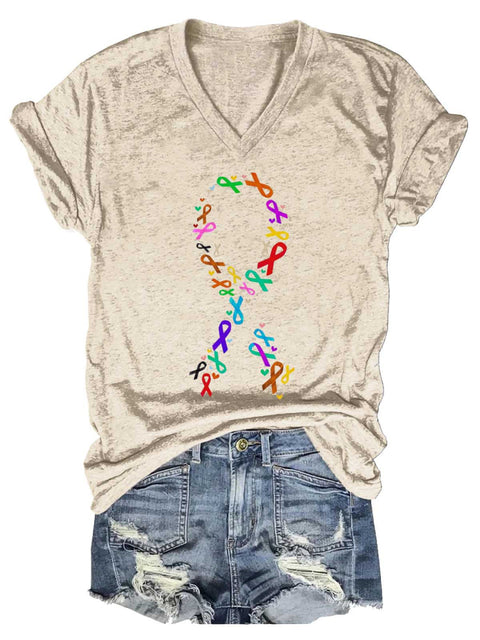 Women’s Fight Cancer Colorful Ribbon V-neck Casual T-Shirt Sand / S