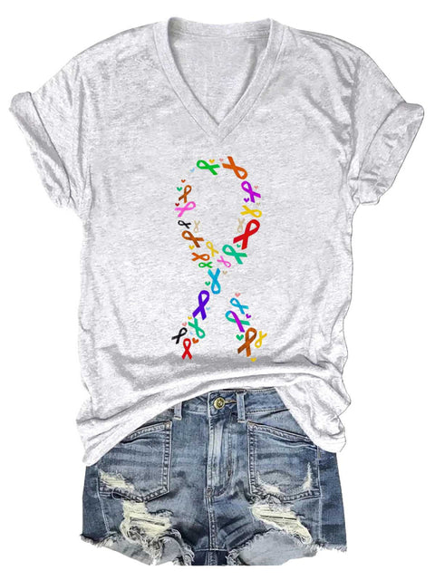 Women’s Fight Cancer Colorful Ribbon V-neck Casual T-Shirt White / S