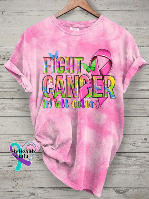 Women’s Fight Cancer In All Colors Print Round Neck T-Shirt Pink / S