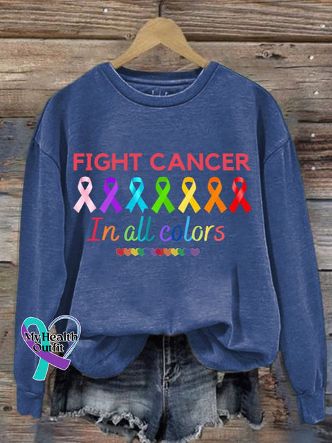 Women’s Fight Cancer In All Colors Printed Round Neck Sweatshirt Blue / S