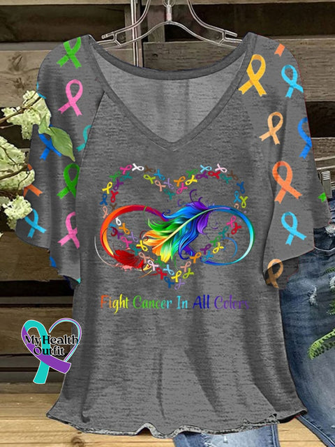 Women’s Fight Cancer In All Colors Ruffle Sleeve T-Shirt Dark Grey / S