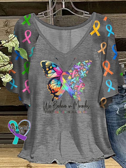 Women’s Fight Cancer In All Colors Ruffle Sleeve T-Shirt Dark Grey / S