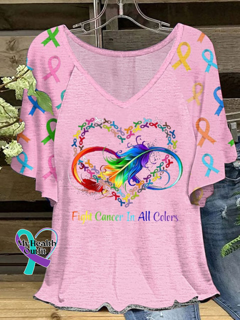Women’s Fight Cancer In All Colors Ruffle Sleeve T-Shirt Pink / S