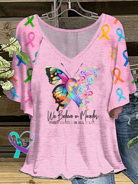 Women’s Fight Cancer In All Colors Ruffle Sleeve T-Shirt Pink / S