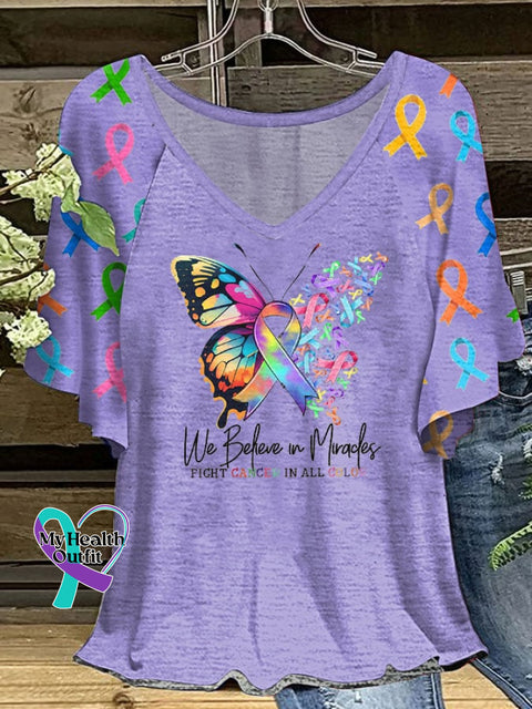 Women’s Fight Cancer In All Colors Ruffle Sleeve T-Shirt Purple / S