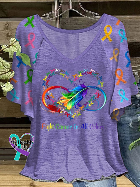 Women’s Fight Cancer In All Colors Ruffle Sleeve T-Shirt Purple / S