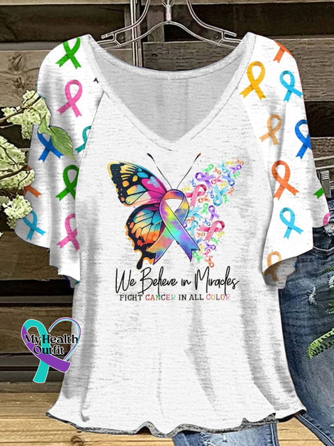 Women’s Fight Cancer In All Colors Ruffle Sleeve T-Shirt White / S