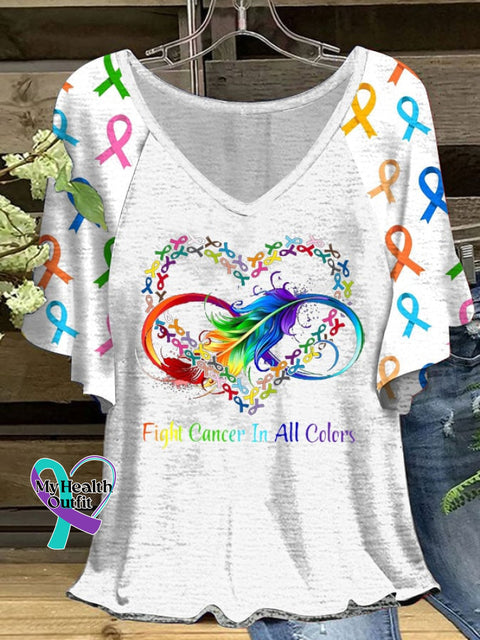 Women’s Fight Cancer In All Colors Ruffle Sleeve T-Shirt White / S