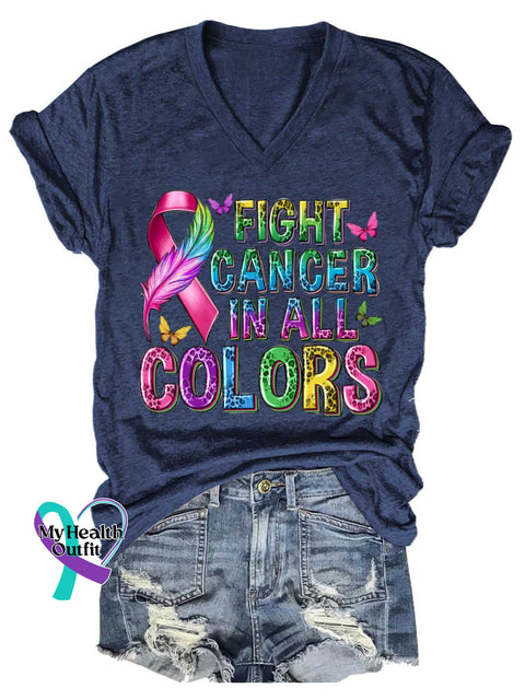 Women’s FIGHT CANCER IN ALL COLORS V-neck Casual T-Shirt Blue / S