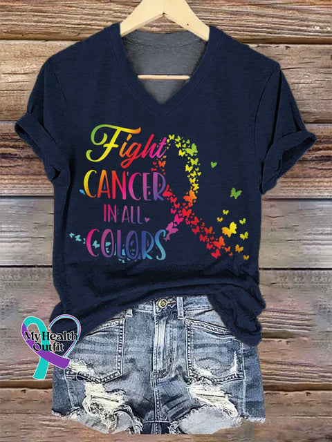 Women’s Fight CANCER IN ALL COLORS V-neck Casual T-Shirt Blue / S