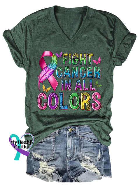 Women’s FIGHT CANCER IN ALL COLORS V-neck Casual T-Shirt Green / S