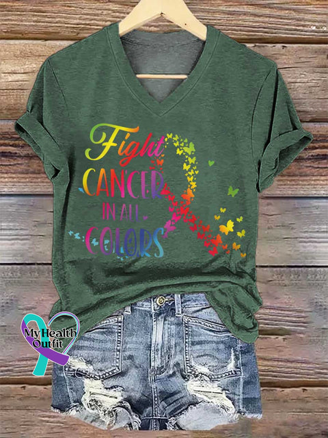 Women’s Fight CANCER IN ALL COLORS V-neck Casual T-Shirt Green / S