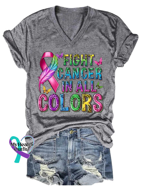 Women’s FIGHT CANCER IN ALL COLORS V-neck Casual T-Shirt Grey / S
