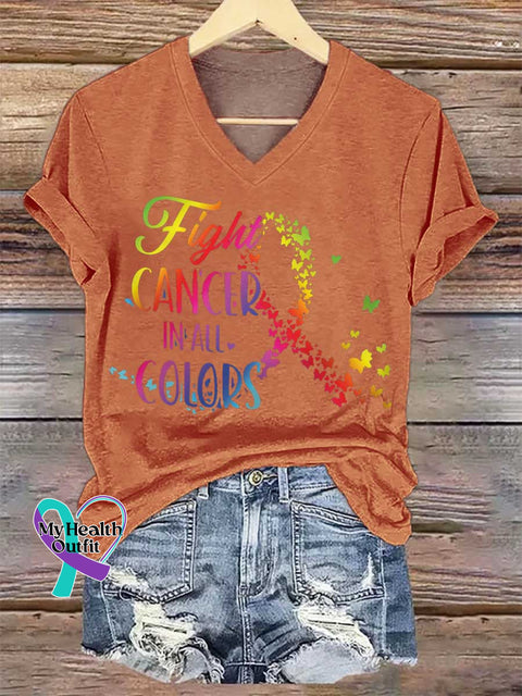 Women’s Fight CANCER IN ALL COLORS V-neck Casual T-Shirt Orange / S