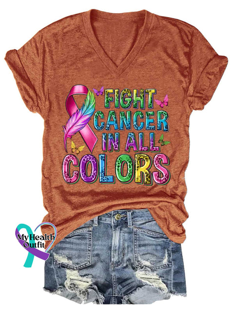 Women’s FIGHT CANCER IN ALL COLORS V-neck Casual T-Shirt Orange / S