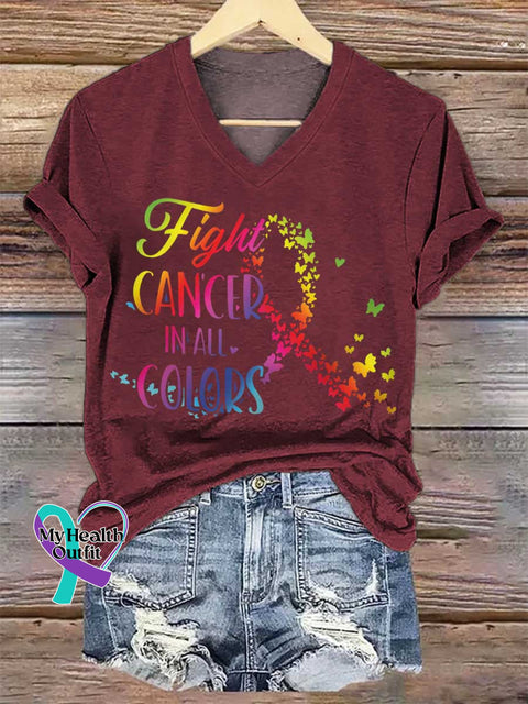 Women’s Fight CANCER IN ALL COLORS V-neck Casual T-Shirt Red / S