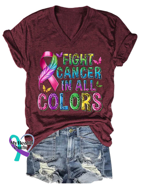 Women’s FIGHT CANCER IN ALL COLORS V-neck Casual T-Shirt Red / S