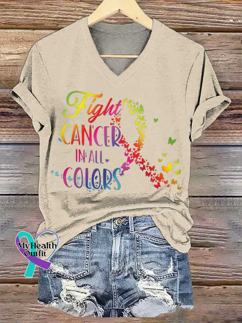 Women’s Fight CANCER IN ALL COLORS V-neck Casual T-Shirt Sand / S