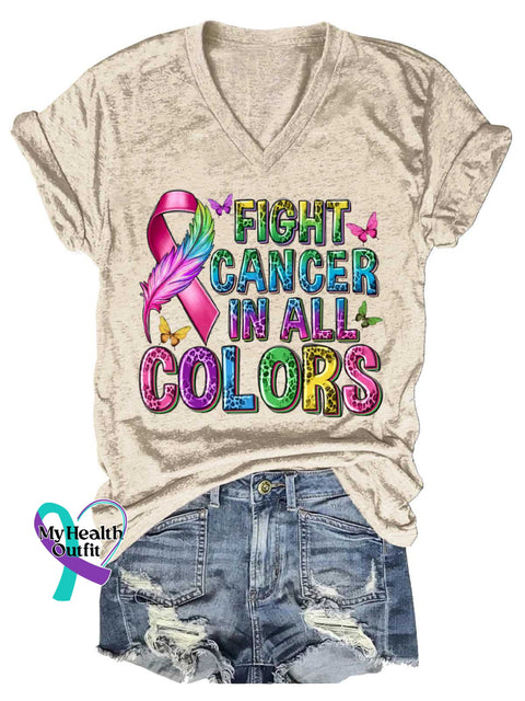 Women’s FIGHT CANCER IN ALL COLORS V-neck Casual T-Shirt Sand / S
