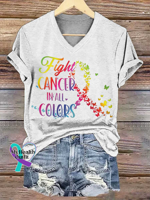Women’s Fight CANCER IN ALL COLORS V-neck Casual T-Shirt White / S