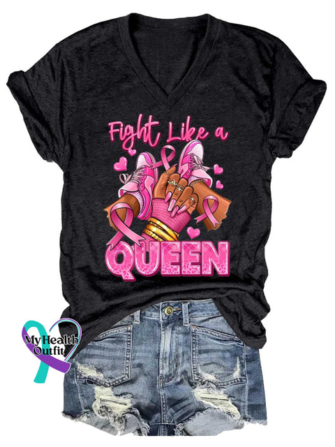 Women’s Fight Like A QUEEN Breast Cancer Awareness V neck Casual T Shirt Black / S