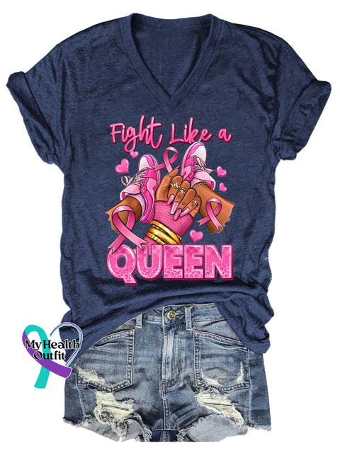 Women’s Fight Like A QUEEN Breast Cancer Awareness V neck Casual T Shirt Blue / S