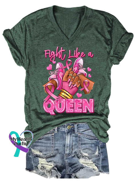 Women’s Fight Like A QUEEN Breast Cancer Awareness V neck Casual T Shirt Green / S