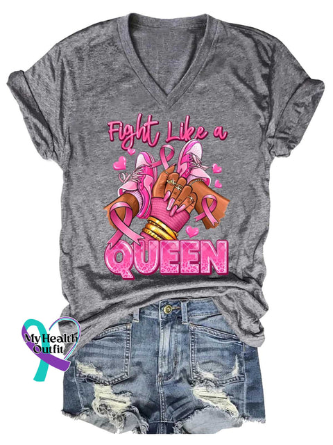 Women’s Fight Like A QUEEN Breast Cancer Awareness V neck Casual T Shirt Grey / S